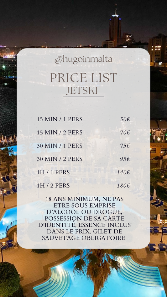 Liste prix Jetski Malte 2024